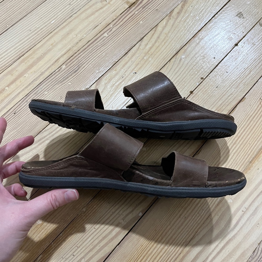 Merrell Leather Slide Sandals Womens 7 Brown Buckle Cork Footbed J03758 - Picture 3 of 9